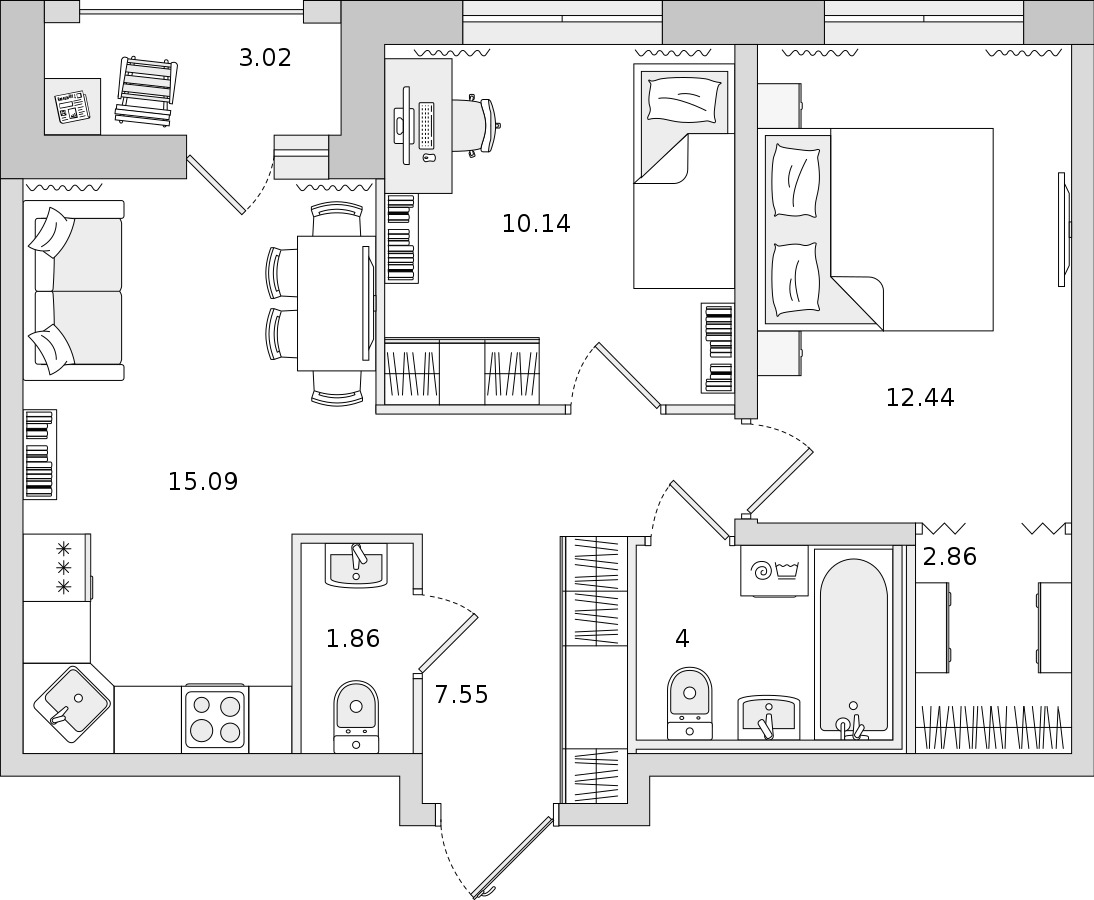 2-комнатная квартира 53.94 м², 11/15 эт., ЖК «Мурино Space»